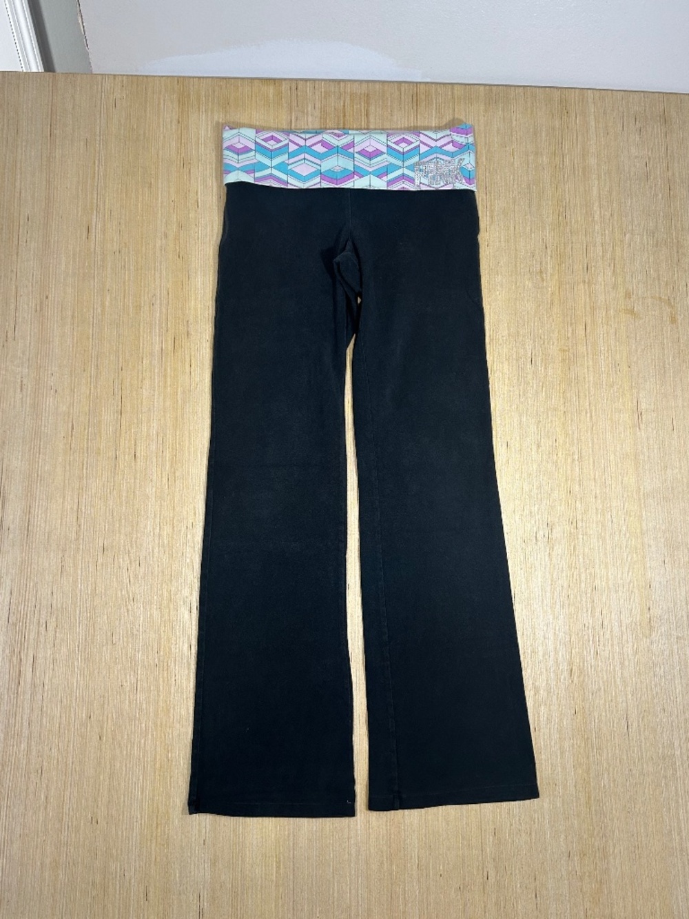 Black Victoria's Secret PINK Foldover Y2K Yoga Pants with Rhinestone Logo Sz M